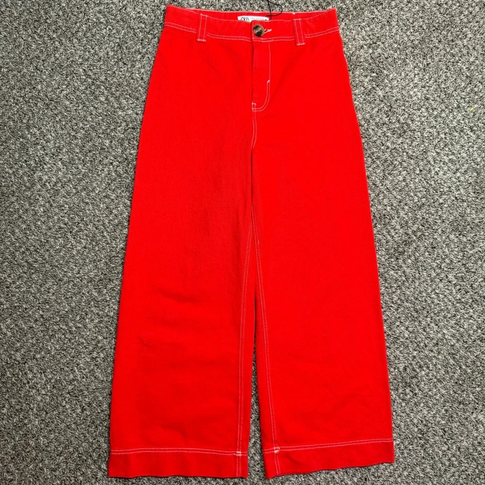 Zara Red Cropped Wide Leg Pants High Waisted Statement Trousers‎ Women's Size S - Picture 2 of 16